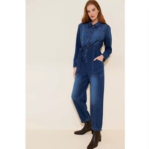 Anthropologie Pilcro Long Sleeve Belted Collared Denim Jumpsuit Coveralls Small